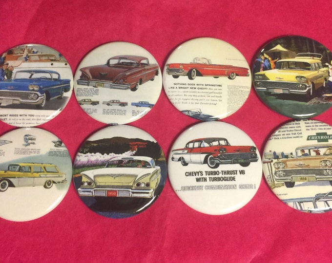 8 1958 Chevy Impala, Brookwood Bel Air Buttons Vintage Retro Set 1 Several Button Sizes and Styles