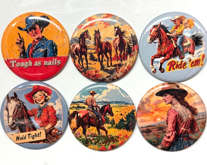 6 Cowgirl Fridge Magnets, pinbacks, flatbacks and more.  Choose your size/style. (s4)