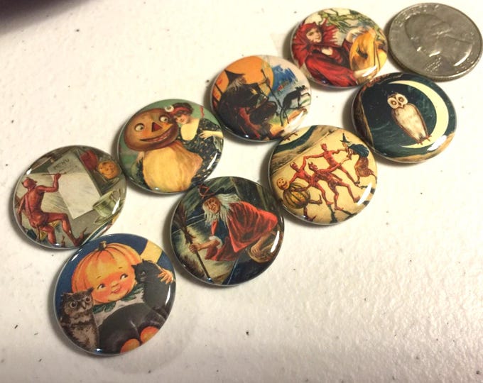 Halloween Buttons: Vintage Witch, Pumpkin, Owl - Set of 8