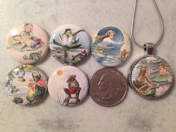 1 Magnetic Interchangeable pendant, with 6 flatback buttons with pictures of frogs and toads set3