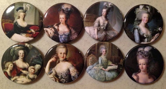 8 Marie Antoinette fridge magnets, or pinbacks with vintage pics of Marie Antoinette Several Sizes/Styles available.