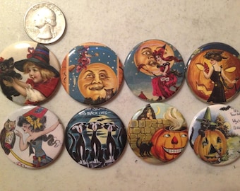 Vintage Halloween Magnet Set: Spooky Witch & Pumpkin Designs