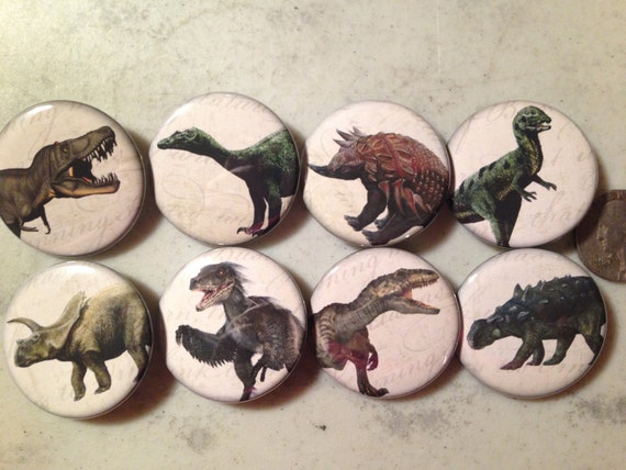 8 Dinosaur buttons, available as pinbacks, flatbacks, fridge magnets and more. Many sizes and styles to choose from. Set 2