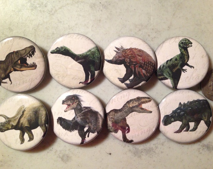 8 Dinosaur buttons, available as pinbacks, flatbacks, fridge magnets and more.  Many sizes and styles to choose from. Set 2