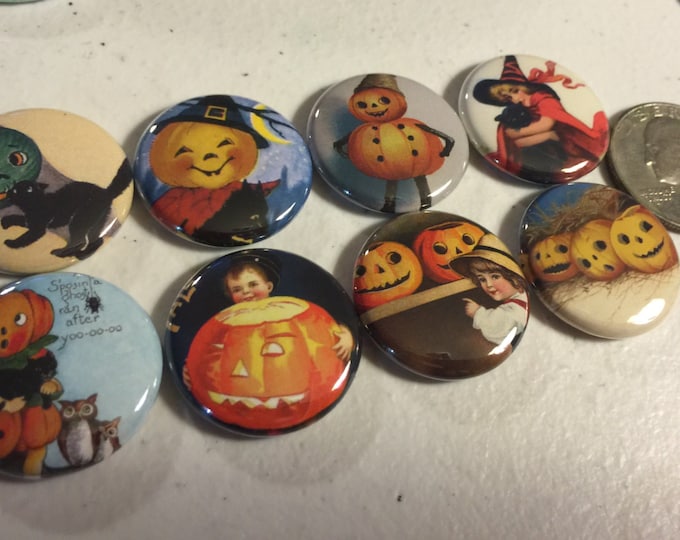 8 Halloween Fridge Magnet buttons, pinbacks, flatbacks Set 3 w/Vintage pictures each 1.5 inch.