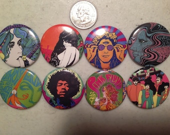 8 60's Retro Pinback Buttons or fridge magnet buttons, vintage 60's posters. You choose the size!