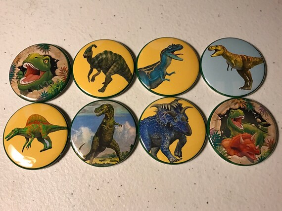 8 colorful dinosaur Pinback Buttons or fridge magnet buttons Party Favors, many sizes to choose from
