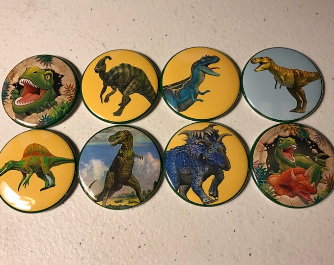 8 colorful dinosaur Pinback Buttons or fridge magnet buttons Party Favors, many sizes to choose from