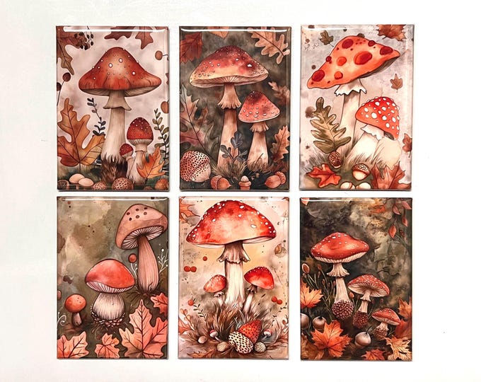 Autumn Mushroom Fridge magnets or pinback buttons  2x3 inch