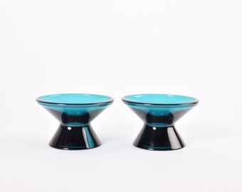 Set of 2! Vintage Iittala Finland - Kartio - Candle Holder / Candlestick - Turquoise Petrol - Scandinavian Mid-century Finnish Glass Design