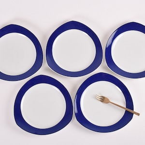 Set of 5! Vintage Thomas Porzellan Germany - Vario Blue - Small Triangular Plate - White with Blue Rim - German Mid-century Tableware Design