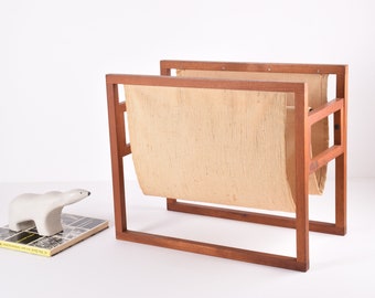 Vintage Kai Kristiansen for Sika - Magazine Rack - Teak & Canvas - Danish Scandinavian Mid-century Modern Wood Furniture Design - 1960s