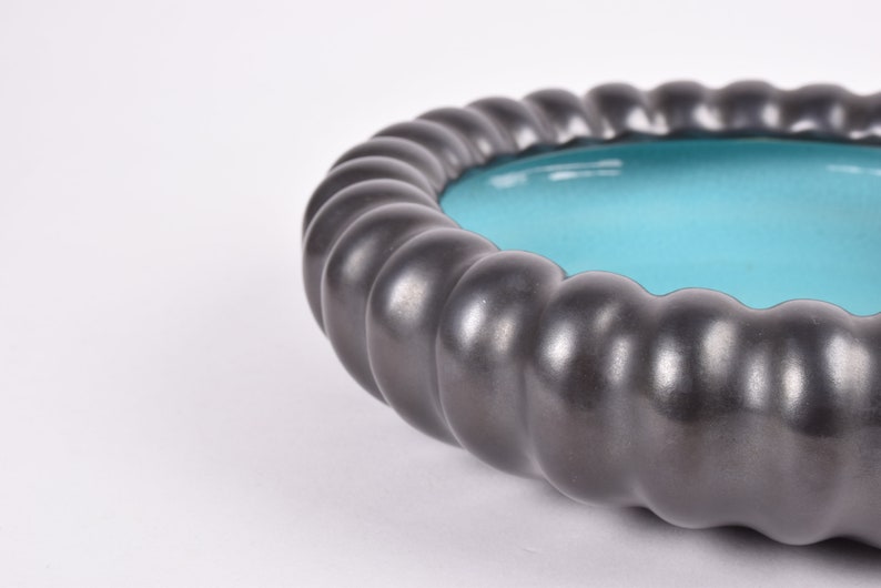 Michael Andersen /& S\u00f8n MAS Turquoise Black Eyecatcher Huge Grooved Frilled Bowl Danish Vintage Mid-century Ceramic Home Decor
