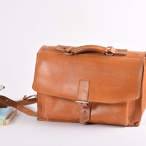 Vintage 1970s/80s Scandinavian - Full Grain Leather Shoulder Bag with Handle - School Bag - Crossbody - Natural Patina - Danish Retro Design