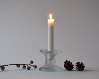 Vintage Scandinavian Glass - Candle Stick with Stripes / Leaf Decor - Mid-century Design from Finland or Sweden