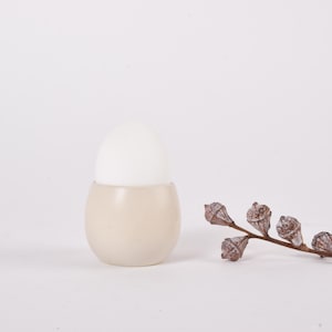 May include: A light beige, egg-shaped object with a white top, possibly a container or a decorative item. A sprig of dried, brown seed pods is to the right, set against a white background.