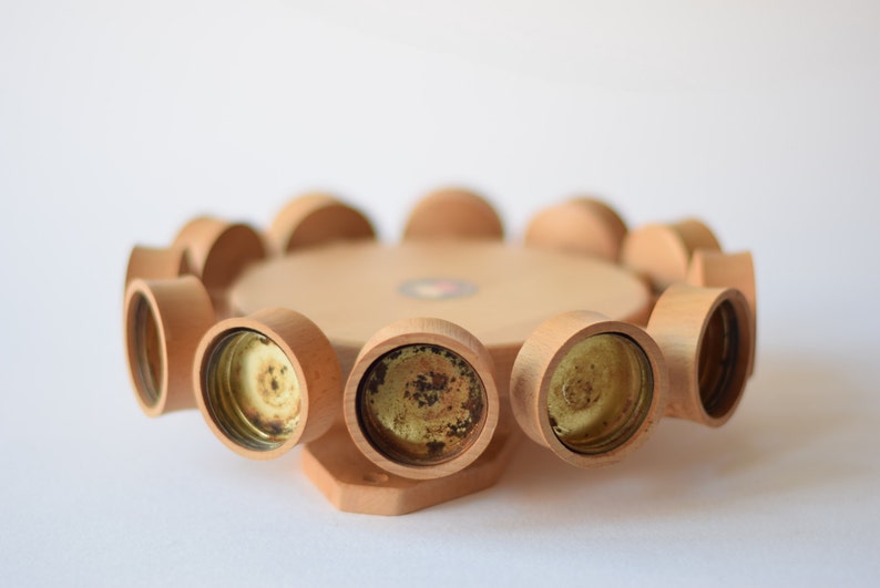 12 glasses Rare Danish mID-century Design Beech Digsmed Denmark Spice Jar Wheel revolving spice rack Spice carroussel