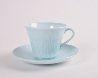 Rare! Rörstrand Sweden - LINNEA Tea Cup & Saucer - Baby Blue - Flower and Stripes - Hertha Bengtson - Scandinavian Mid-century Design 1960s