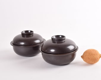 Set of 2! Arabia Finland LIEKKI - Lidded Bowl - Black / Dark Brown - by Ulla Procopé - Flameproof - Scandinavian Mid-century Kitchenware