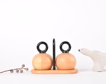 X-Large Quality Version with Peugeot Grinder! Bodum Nissen Salt & Pepper Mill Set Beech Wood Ball Shaped with Holder - Danish Design 1980s