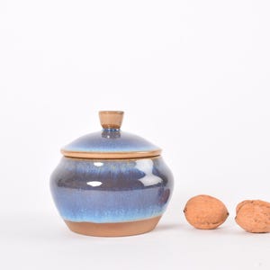 May include: A blue ceramic jar with a lid, featuring a gradient of colors from light to dark blue. The jar has a brown base and a small brown knob on the lid. Two walnuts are next to the jar.