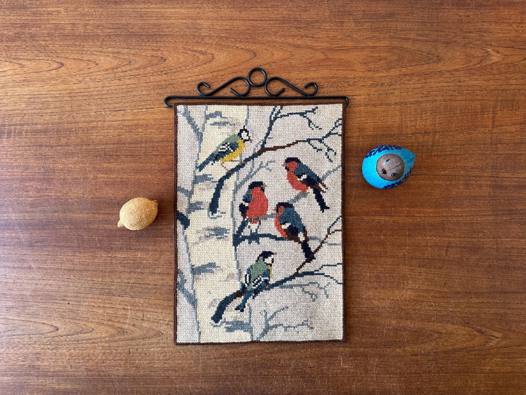 Image showcasing Vintage Scandinavian - Embroidered Wall Decor From Sweden - Birds on a ...