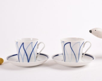 Set of 2! Vintage Danish - Cup & Saucer - Lyngby Danild - HARLEKIN / Blå Flamme - White Blue Stripes - Mid-century Modern Tableware Design