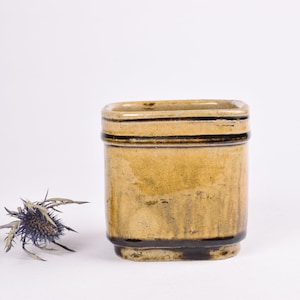 Nils Kähler for Kähler HAK Denmark - Small Squared Flower Pot / Vase - Amber Yellow & Brown - Danish Mid-century Collectible Pottery