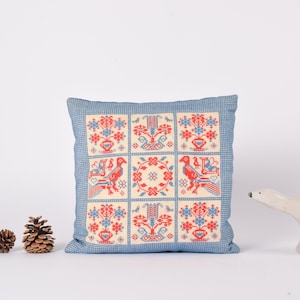 Vintage Danish Needlework - Pillow / Cushion - Hand-embroidered Birds & Flowers - Cross Stitch - Folk Art Motifs - Blue Red - Fremme 1960s
