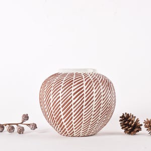 May include: A round, brown and white patterned ceramic vase with a wide opening. The vase has a textured surface with diagonal lines. Two small pine cones and a sprig of dried flowers are next to the vase. The background is white.