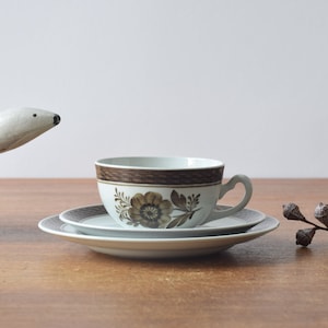 May include: A white teacup with a brown floral pattern and a matching saucer. The teacup and saucer are on a wooden table.