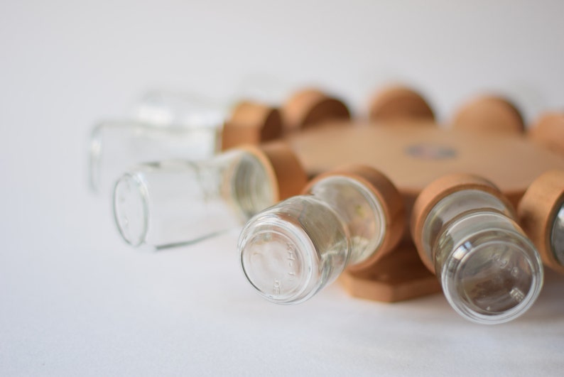 12 glasses Rare Danish mID-century Design Beech Digsmed Denmark Spice Jar Wheel revolving spice rack Spice carroussel