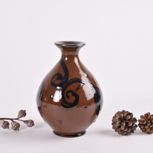 Vintage Kähler HAK Denmark  - Vase - Brown & Blue - Handpainted Floral Decor - Danish Scandinavian Mid-century Ceramic Home Decor