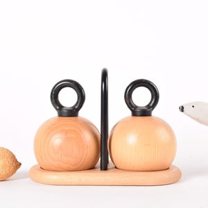 X-Large Quality Version with Peugeot Grinder! Bodum Nissen Salt & Pepper Mill Set Beech Wood Ball Shaped with Holder - Danish Design 1980s