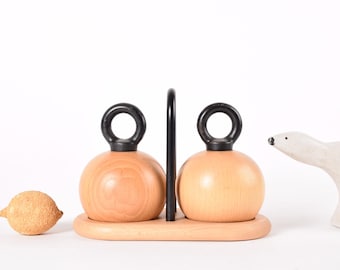 X-Large Quality Version with Peugeot Grinder! Bodum Nissen Salt & Pepper Mill Set Beech Wood Ball Shaped with Holder - Danish Design 1980s