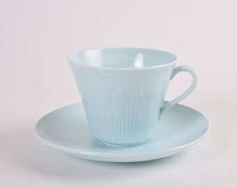 Rare! Rörstrand Sweden - LINNEA Tea Cup & Saucer - Baby Blue - Flower and Stripes - Hertha Bengtson - Scandinavian Mid-century Design 1960s