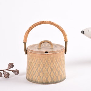 Beautiful Glaze! Jens Quistgaard - RELIEF - Jam Pot with Brass & Wicker Handle - Kronjyden - Danish Mid-century Tableware Design - 1960s