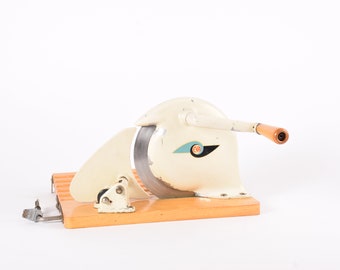 Rare Early Version! EVA Bread & Meat Slicer / Cutter - Cream - Beech Wooden Board - Danish Mid-century Retro Kitchen Design 1950s