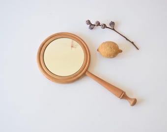 1970s Swedish Hand Mirror - Pine - Turned Wood - Scandinavian Mid-century Home Decor - Country Farmhouse Style