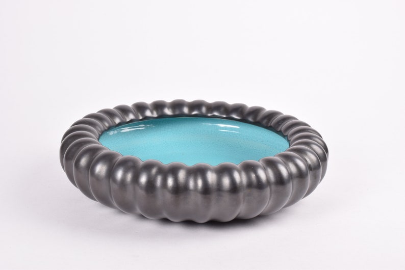Michael Andersen /& S\u00f8n MAS Turquoise Black Eyecatcher Huge Grooved Frilled Bowl Danish Vintage Mid-century Ceramic Home Decor