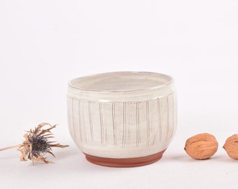 Vintage Danish - Small Bowl / Planter - Hyllested Keramik - Beige Striped - Danish Scandinavian Mid-century Pottery Home Decor