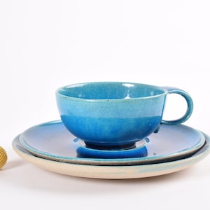 Rare! Vintage Kähler (HAK) Denmark - Tea Trio - Cup Saucer Plate - Turquoise Blue - 1960s - Danish Mid-century Ceramic Tableware Design