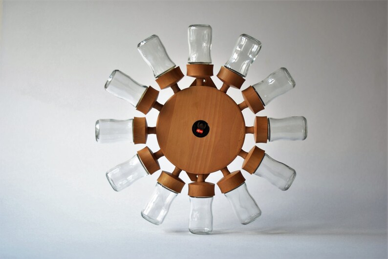 12 glasses Rare Danish mID-century Design Beech Digsmed Denmark Spice Jar Wheel revolving spice rack Spice carroussel