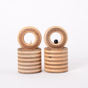 Very Rare! Rud Thygesen - Salt & Pepper Mill with Peugeot Grinder - Striped Wood - Beige Brown - Danish Mid-century Kitchen Design 1970s