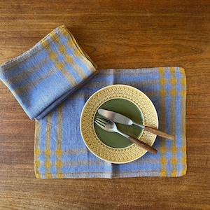 Set of 4! Vintage Scandinavian Placemats - Blue Ochre Colors Squares - Woven Textured Linen - Finland Mid-century Modern Textile Design 1970