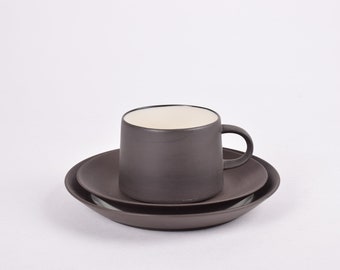 Jens H Quistgaard - Flamestone Smooth - Tea Trio - Cup / Saucer / Plate - Dansk Designs - Black White - Danish Mid-century Ceramic Tableware