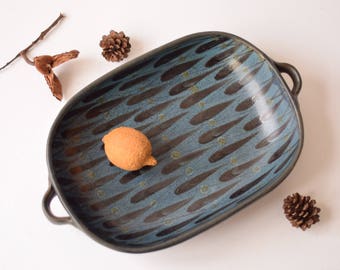 Dybdahl Denmark Studio Pottery - Large Tray - Size 2 - Handpainted Feather Decor - Midnight Blue - Margrethe Dybdahl - Danish Mid-century