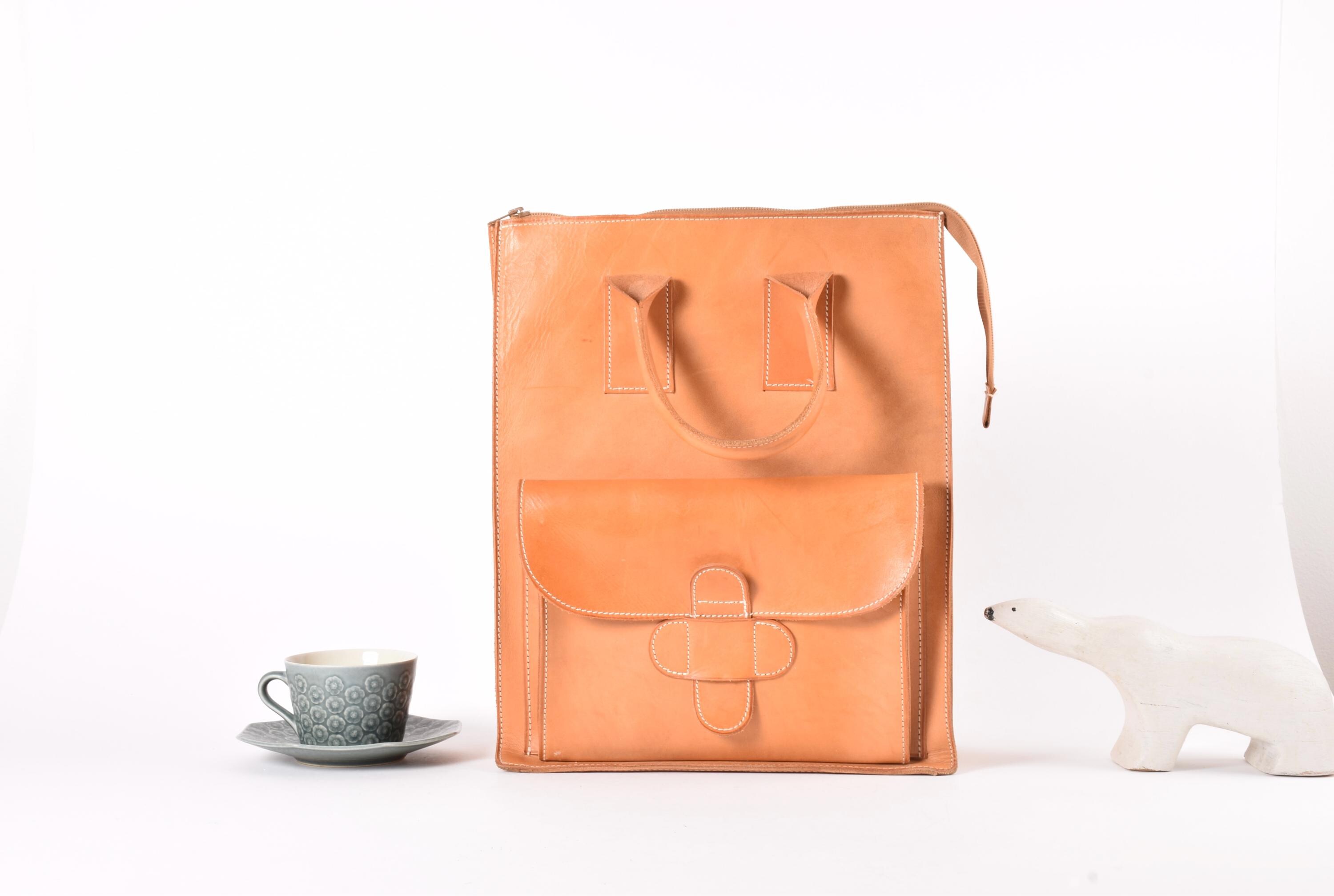 Vintage Ca 1980s Danish - Full Grain Leather - Tote Bag for