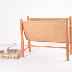 Danish 1960s Magazine Rack - Oak & Canvas - Style of Kai Kristiansen - Scandinavian Mid-century Modern Wood Furniture Design - Hygge Home