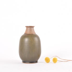 Vintage Lars Kähler Denmark - Bottle Shaped Vase - Olive Green Haresfur Glaze / Unglazed - Danish Mid-century Ceramic Scandinavian Home